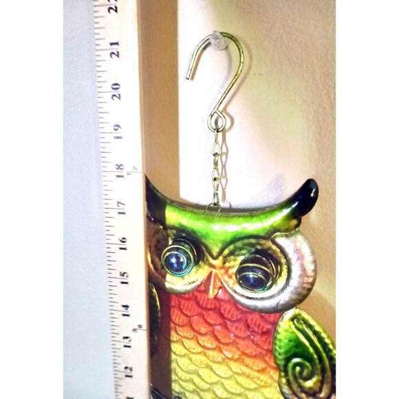 Metal Owl Wind Chime Bell Colorful Glass Accent Hanging Hook Outdoor Decor 21 In - Picture 6 of 16
